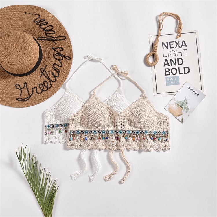 2023 New Camisole Small Vest Hanging Neck With Shoulder Strap Chest Pad Backless Hollow Tube Top Embroidered Short Vest - Image 2