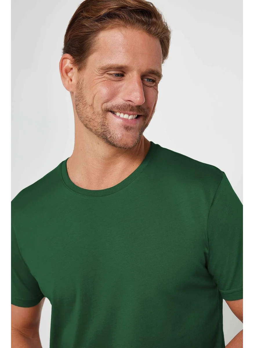 Tudors Men's Slim Fit Green Crew Neck 100% Cotton Slim Cut Basic T-Shirt