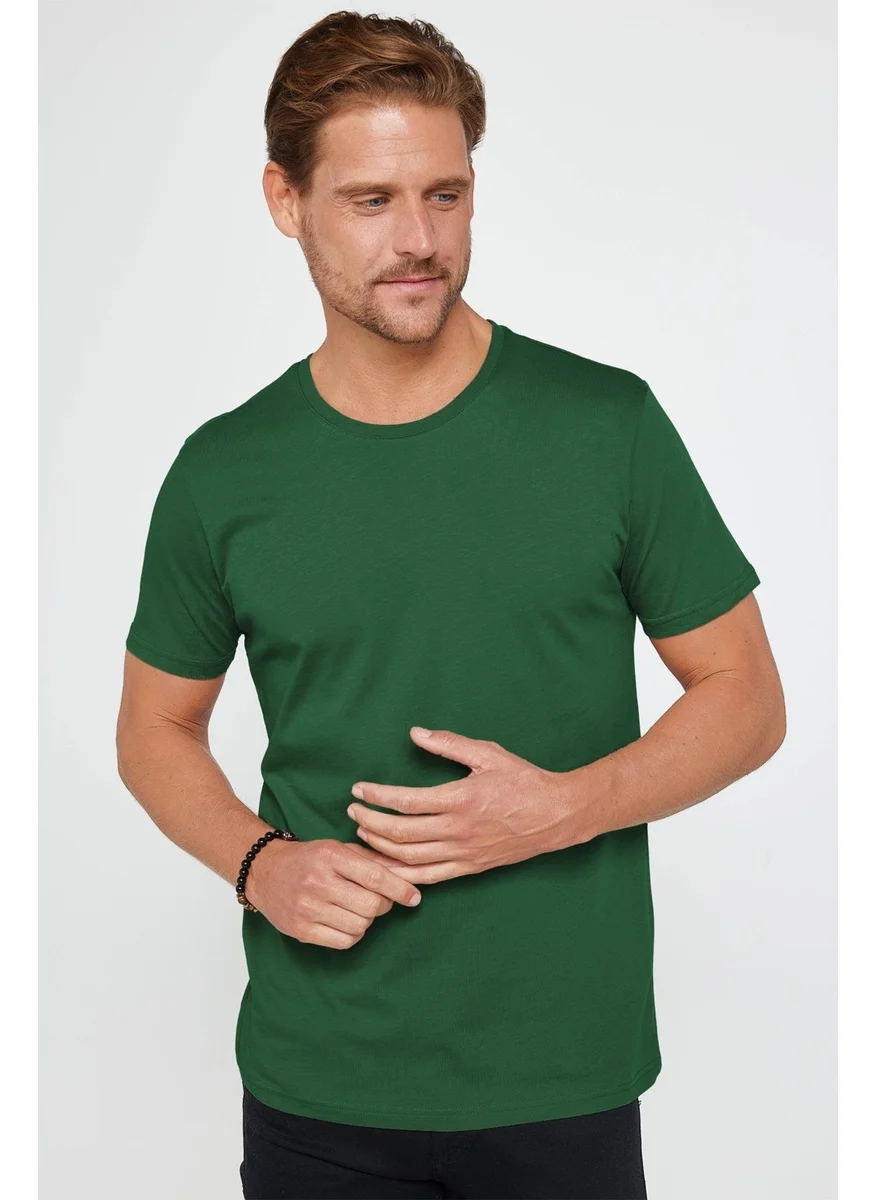 Tudors Men's Slim Fit Green Crew Neck 100% Cotton Slim Cut Basic T-Shirt