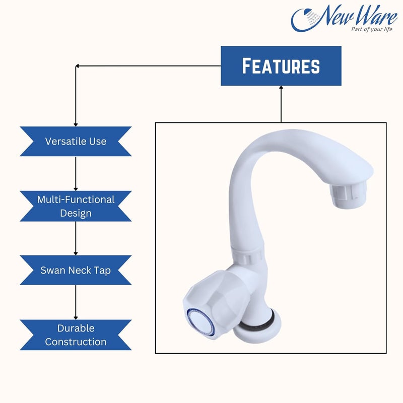 NEW WARE Plastic Water Tap with Flange Versatile Sink Cock for Wash Basin and Swan Neck Tap for KitchenBathroom Long Neck Bib Cock - Image 4
