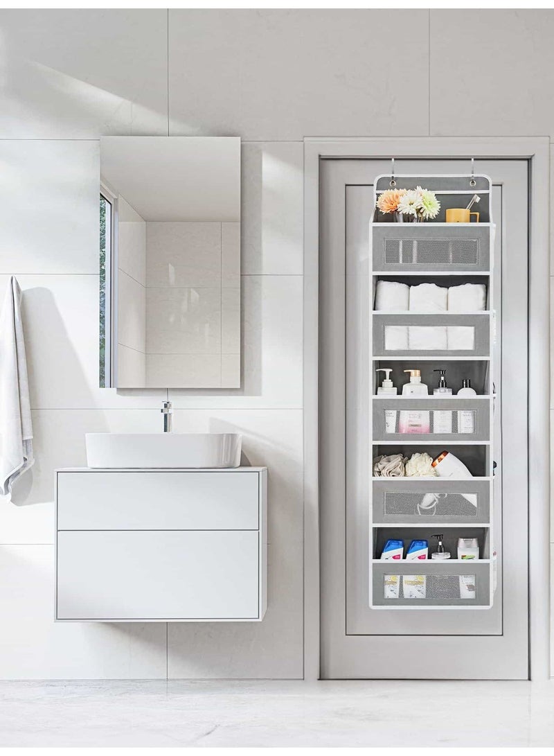 أنمي منظم الباب المعلق، تخزين معلق بـ 5 رفوف مع 5 جيوب كبيرة | يحمل 44 رطلاً، تصميم مضاد للانقلاب للمنغرفة، الحمام، المخزن (رمادي) - Image 2