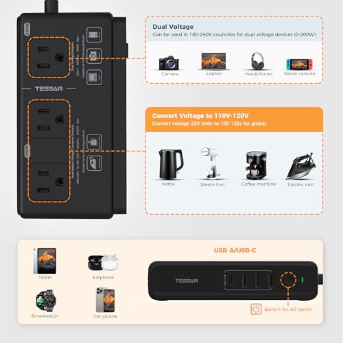 TESSAN 220V to 110V Converter, TESSAN Travel Voltage Converter with 4 USB Ports (1 USB C), 3 AC Outlet and EU UK AU IT Universal Travel Adaptor, Step Down Transformer Power Outlet Adapter Combo Black - Image 3