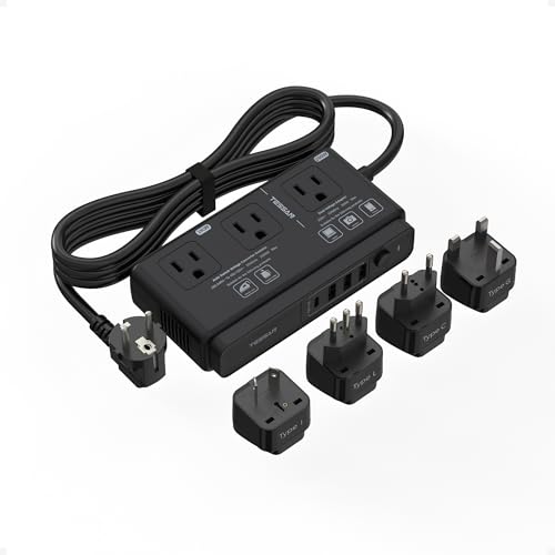 TESSAN 220V to 110V Converter, TESSAN Travel Voltage Converter with 4 USB Ports (1 USB C), 3 AC Outlet and EU UK AU IT Universal Travel Adaptor, Step Down Transformer Power Outlet Adapter Combo Black - Image 1