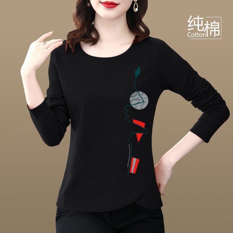 2024 New irregular T-shirt womens long-sleeved casual round neck bottoming shirt loose cotton T-shirt all-matching top Black-601 [right red]]