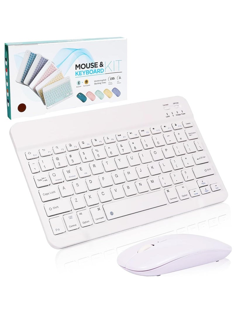 Arabic & English Bluetooth Keyboard and Mouse Combo, Ultra Slim Rechargeable Portable Wireless Keyboard Mouse Set Compact for Android Windows Tablet iPad Computer Desktop PC Laptop (White)