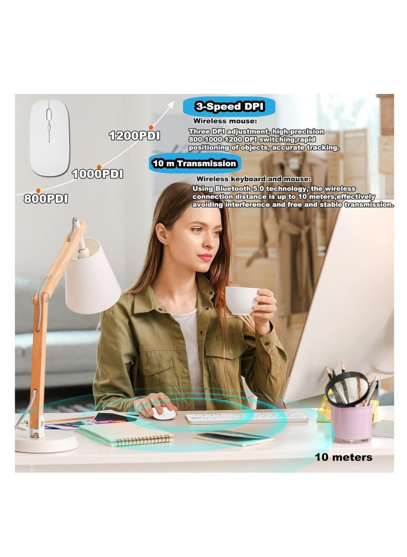 Arabic & English Bluetooth Keyboard and Mouse Combo, Ultra Slim Rechargeable Portable Wireless Keyboard Mouse Set Compact for Android Windows Tablet iPad Computer Desktop PC Laptop (White)