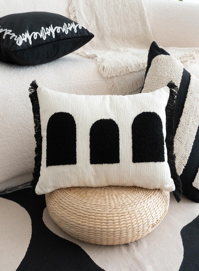 VANNCIO Black White Boho Fringe Tasseled Pillow Cover, Neutral Decorative Rectangular Throw Pillow Case, Geometric Modern Sham for Bed Couch Living Room, 12x20 inches, 1PCS - Image 4