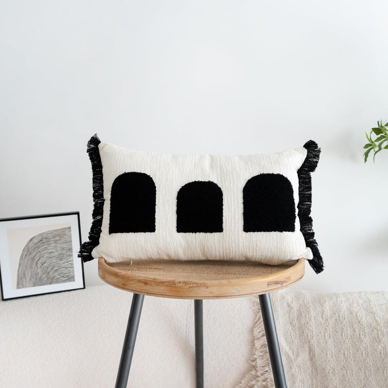 VANNCIO Black White Boho Fringe Tasseled Pillow Cover, Neutral Decorative Rectangular Throw Pillow Case, Geometric Modern Sham for Bed Couch Living Room, 12x20 inches, 1PCS - Image 1