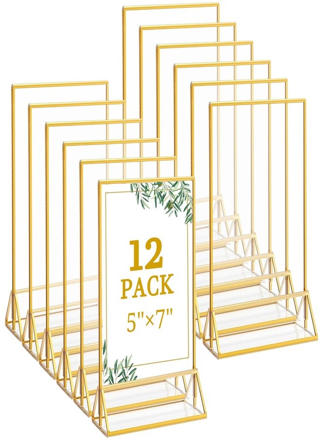 Floroom 12 Pack 5x7 Inch Clear Acrylic Sign Holders, Double-Sided Gold Display Stand Picture Frames for Table Numbers, Menus, Flyers, Weddings, and Offices - Image 1