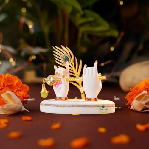 Great Art Krishna Hands with Flute Idol Showpiece | Hand Statue Krishna Divine,Peacock Feather for Car Dashboard & Girah Parvesh Gifting Home Décor Plated House Warming Office Table Pack 1 - Image 1