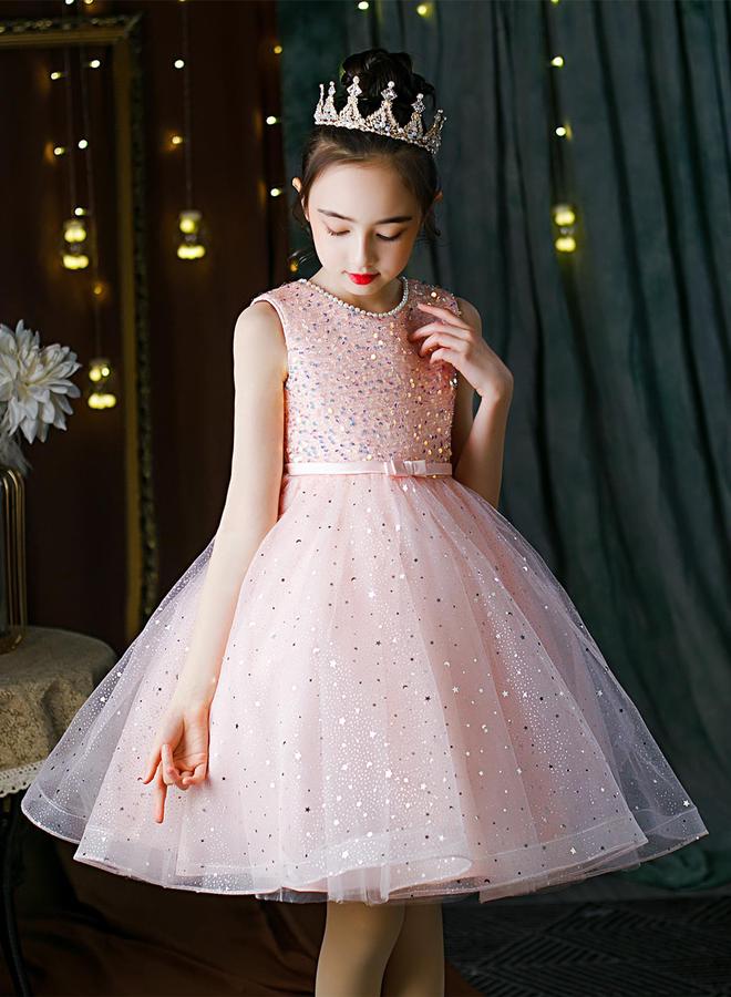 Take Two Girls Sequin Faux Pearl Decoration Bow Detail Mesh Party Dress - Image 4