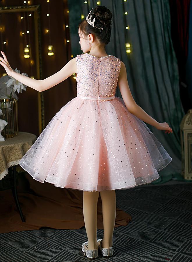 Take Two Girls Sequin Faux Pearl Decoration Bow Detail Mesh Party Dress - Image 3