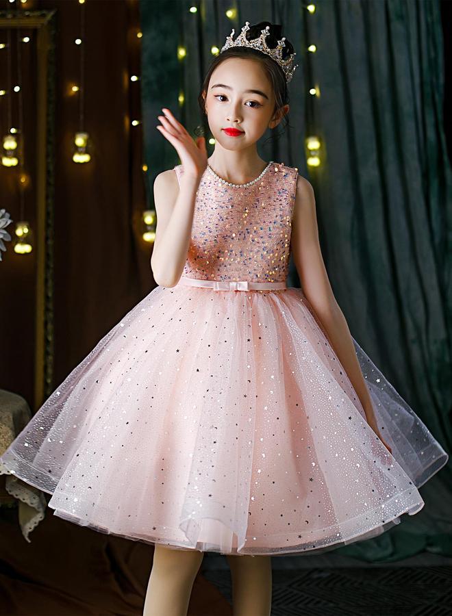 Take Two Girls Sequin Faux Pearl Decoration Bow Detail Mesh Party Dress - Image 2