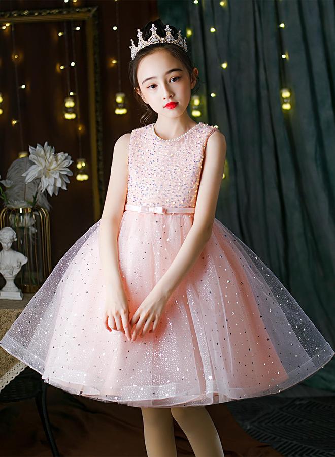 Take Two Girls Sequin Faux Pearl Decoration Bow Detail Mesh Party Dress - Image 1