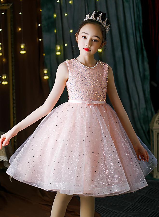 Take Two Girls Sequin Faux Pearl Decoration Bow Detail Mesh Party Dress - Image 5