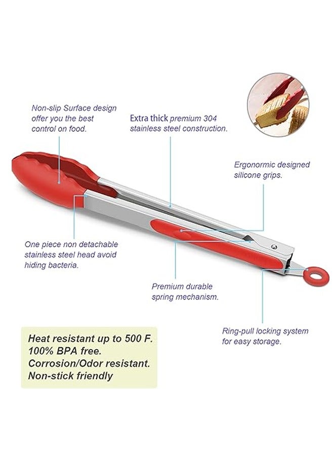 ZCM-HAPPY 2 Pack Red Kitchen Tongs - Premium Silicone, BPA-Free, Non-Stick Stainless Steel BBQ & Cooking Tongs, 9-Inch - Image 4