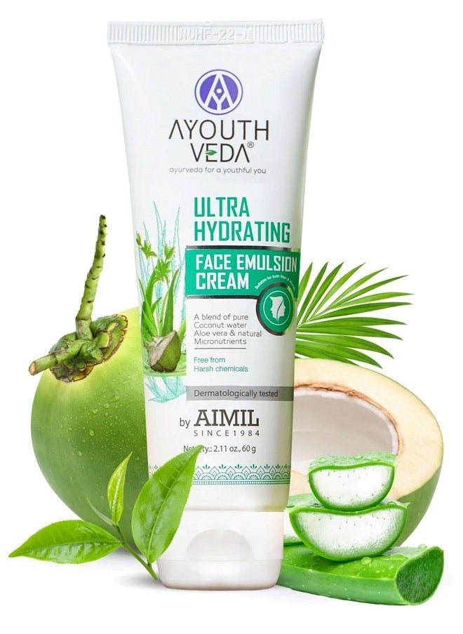 AYOUTHVEDA - Ultra Hydrating Face Emulsion Cream 60 Gm With Aloe Vera & Coconut Water | Best Hydrating Face Cream For Women And Men | Prevent Dark Spots, Blackheads And Blemishes | All Skin Types (Pack Of 1; 60G) - Image 1