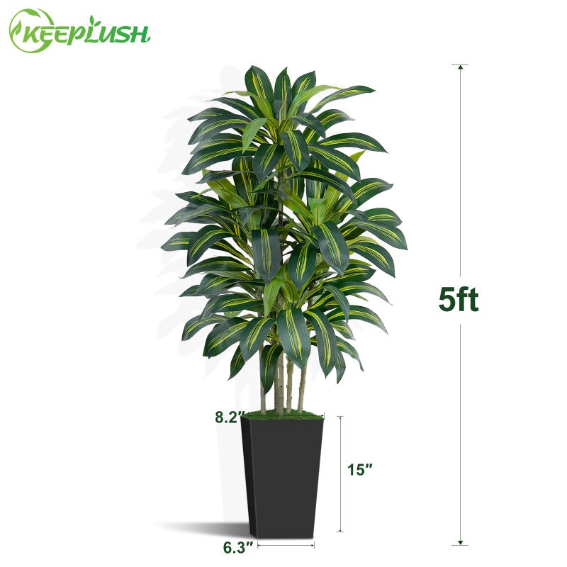 Keeplush 5FT Artificial Dracaena Tree - High-Density Foliage Fake Plant with Black Tall Planter - Faux Yucca Floor Plant for Home Office Decor Indoor - Image 3