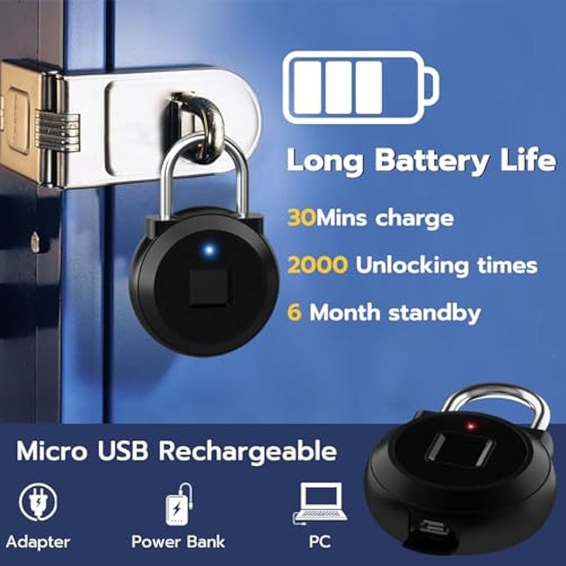 Small Fingerprint Lock, Gym Locker Lock with Fingerprint Bluetooth APP, Biometric Fingerprint Padlock with Keyless, Waterproof Smart Padlock for Locker School Suitcase Cabinet Storage - Image 3