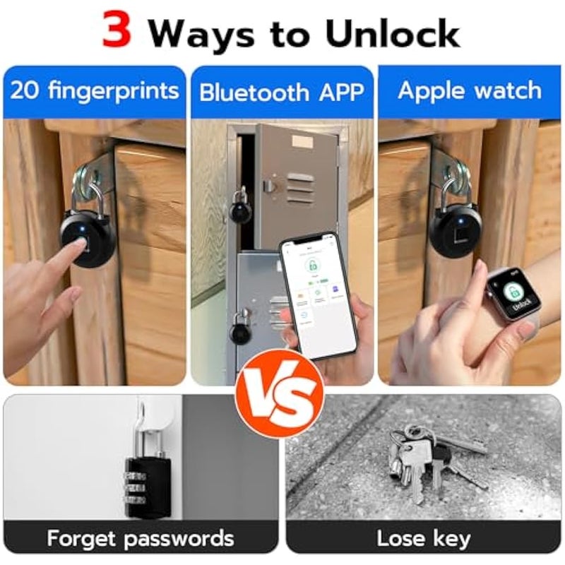 Small Fingerprint Lock, Gym Locker Lock with Fingerprint Bluetooth APP, Biometric Fingerprint Padlock with Keyless, Waterproof Smart Padlock for Locker School Suitcase Cabinet Storage - Image 2