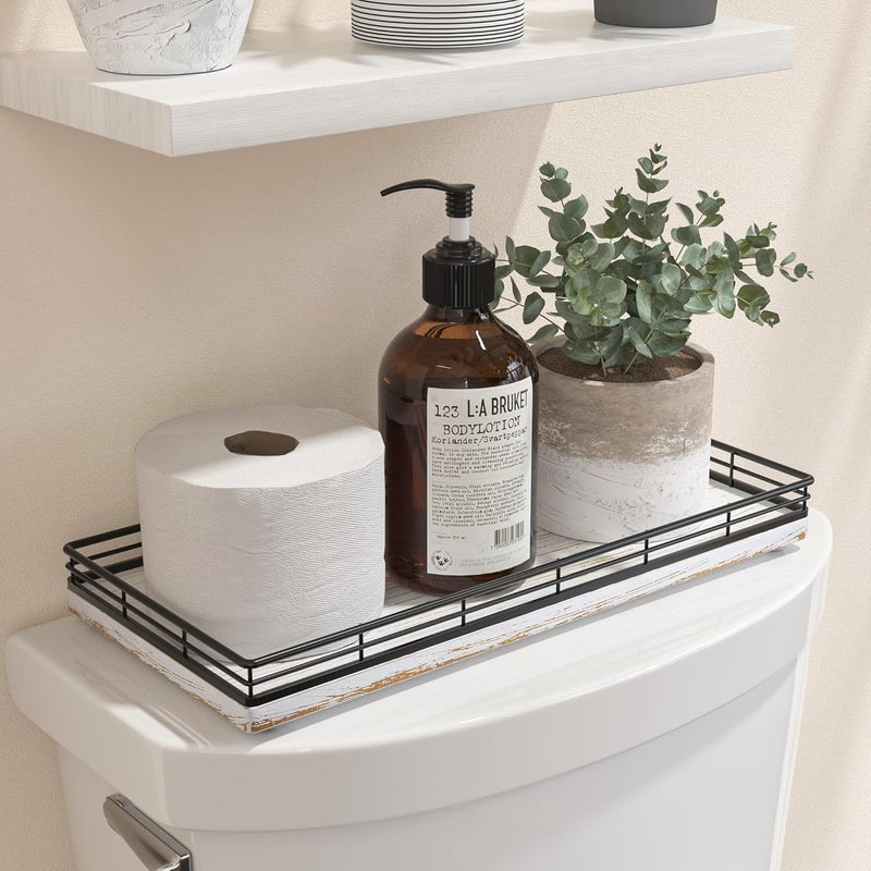Focusonit Bathroom Toilet Tank Tray, 13" Wood Toilet Paper Storage Basket Tray Back of Toilet Basket Organizer,Vanity Tray for Perfume Makeup Candle Decor, Black & Farmhouse White - Image 1
