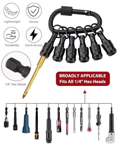 katerk 6pcs Bit Holder with Carabiner Socket for Mens Gift, 1/4 inch Hex Shank Aluminum Alloy Screwdriver Bit Holders, Quick Release Easy Change Impact Driver Drill Bit Keychain Extension (Black) - Image 2
