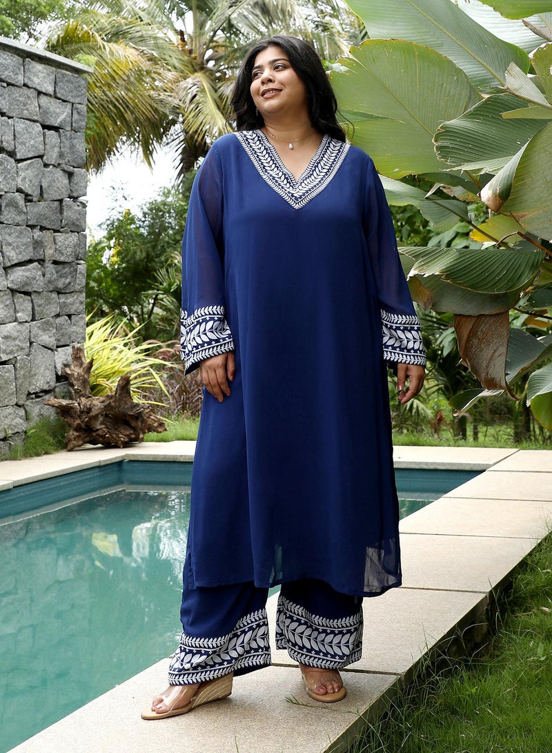 Instafab Plus Women's Indigo Blue Indie Leaf-Lined Imprint Kurta Set For Ethnic Wear | V-Neck, Long Flared Sleeves | Floral Placement Print Plain Fabric | 2 Piece Kurta Set For Casual & Evening Wear - Image 1