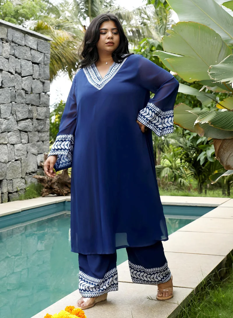 انستافاب بلس Instafab Plus Women's Indigo Blue Indie Leaf-Lined Imprint Kurta Set For Ethnic Wear | V-Neck, Long Flared Sleeves | Floral Placement Print Plain Fabric | 2 Piece Kurta Set For Casual & Evening Wear