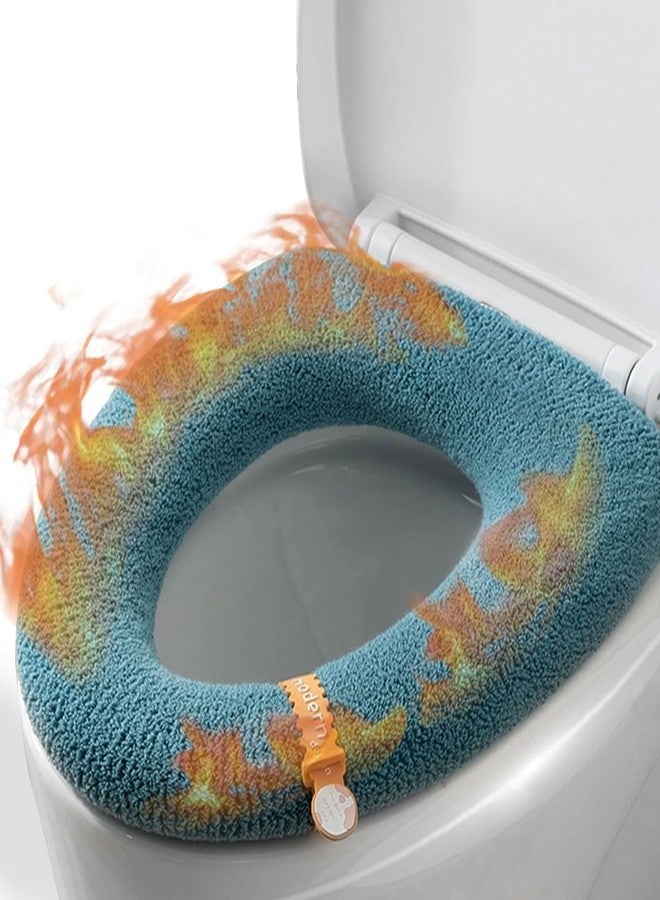 NGETC Soft Warm Cushioned Toilet Seat Cover Thicker Bathroom Toilet Seat Cover Pads Stretchable Washable Fiber Cloth Reusable Easy-Install Toilet Lid Seat Cover (azure with Handle) - Image 1