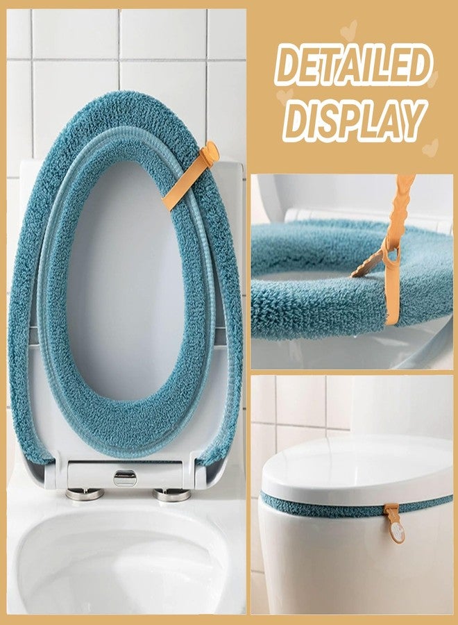 NGETC Soft Warm Cushioned Toilet Seat Cover Thicker Bathroom Toilet Seat Cover Pads Stretchable Washable Fiber Cloth Reusable Easy-Install Toilet Lid Seat Cover (azure with Handle) - Image 3
