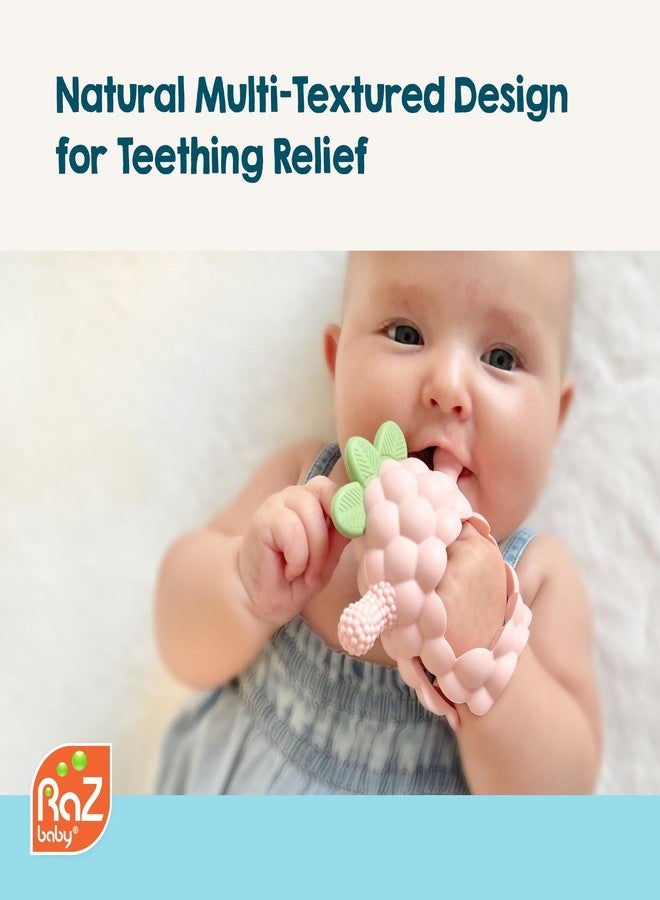 RaZbaby RaZberry Grip Silicone Teether Toy for 3M+ | Drop Resistant Hand Held Teether for Babies and Infants - Designed by Nature with Our Patented BerryBumps Multitextured Design | 3M+, Pink - Image 3