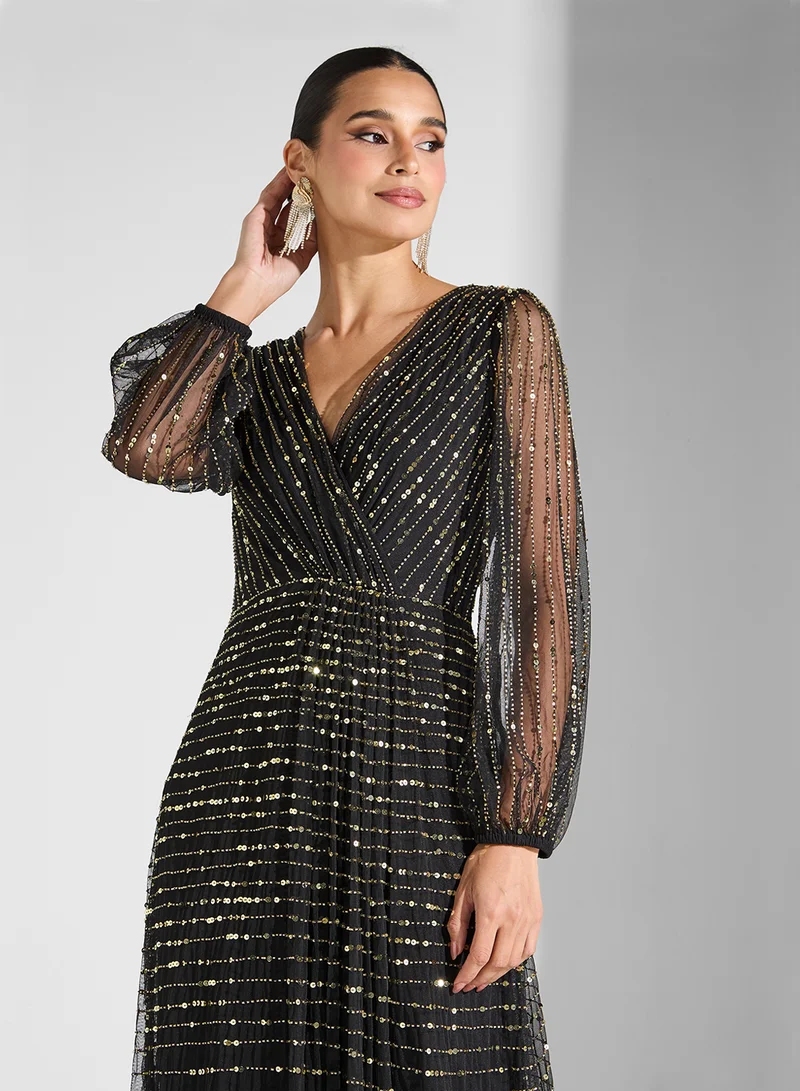 Namshi x Embellished Dress Sheer Sleeve