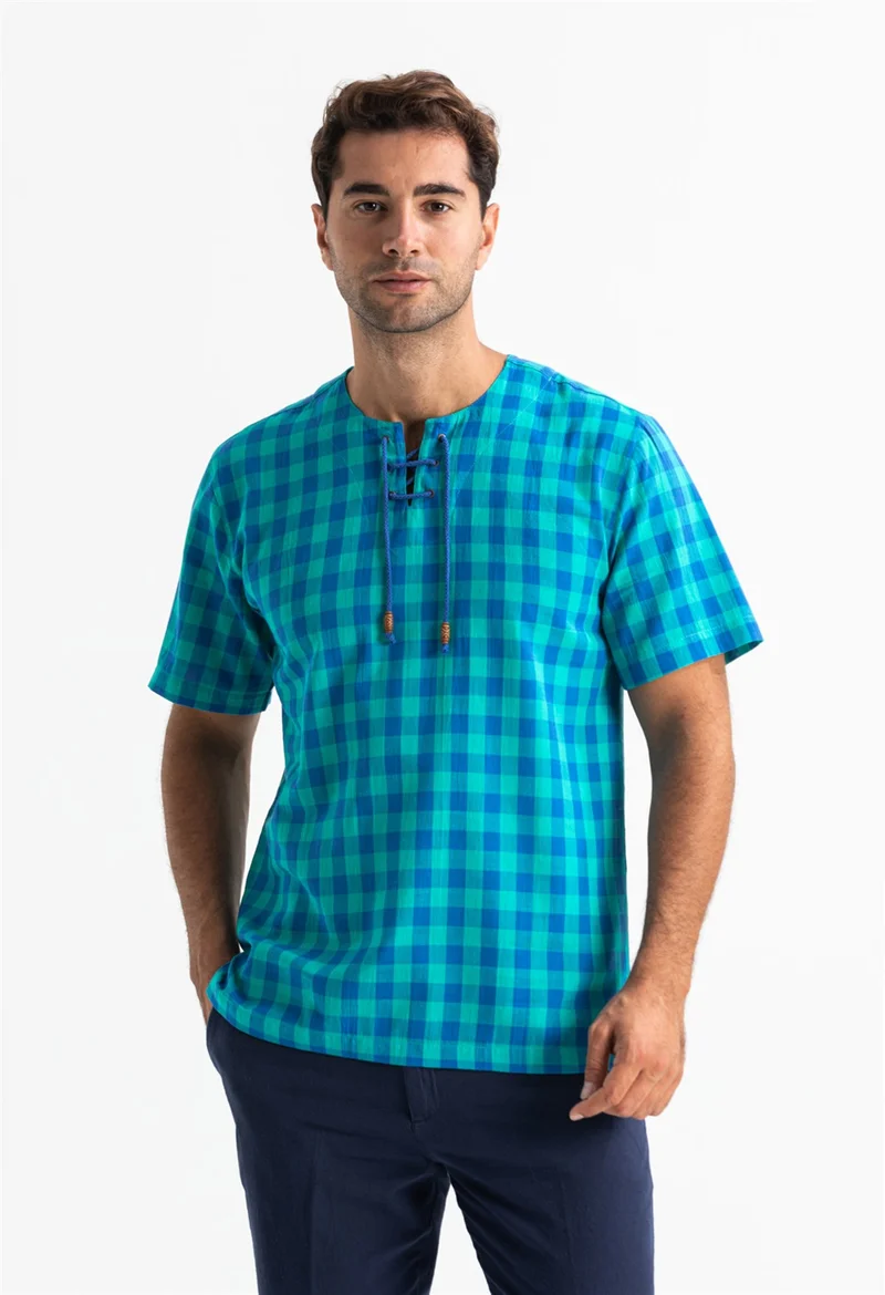اليش شيل بيزي Short Sleeve Şile Cloth Staple Men Tshirt Mint Check 3033