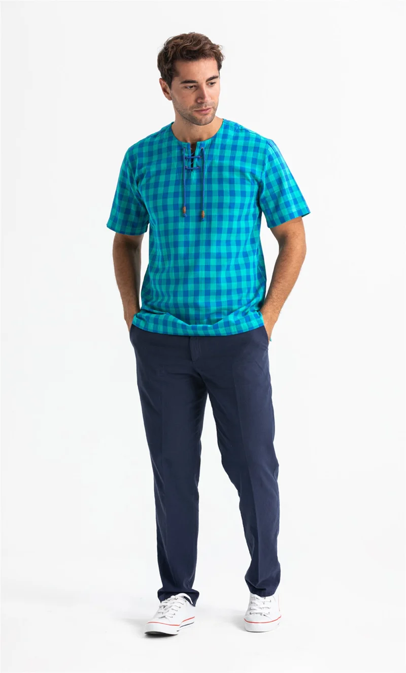 اليش شيل بيزي Short Sleeve Şile Cloth Staple Men Tshirt Mint Check 3033