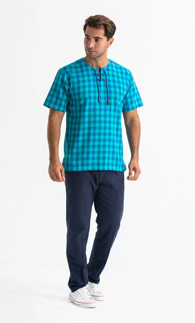 اليش شيل بيزي Short Sleeve Şile Cloth Staple Men Tshirt Mint Check 3033