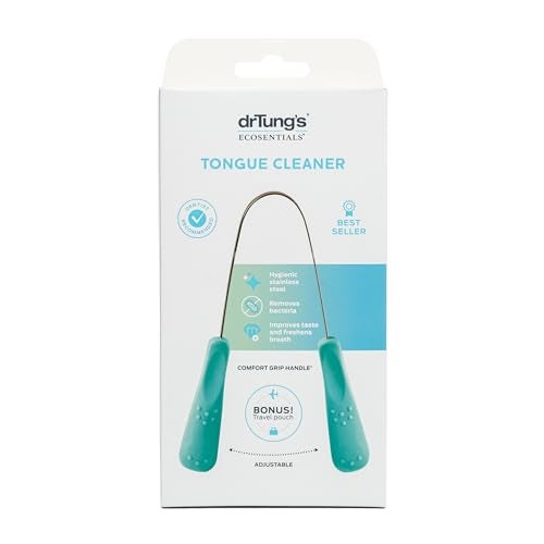 drTung's DrTungs Stainless Steel Metal Tongue Scraper Tongue Cleaner for Adults Kids Helps Freshen Breath Easy to Use Comfort Grip Handle Comes with Fabric Travel Pouch 1 Pack 