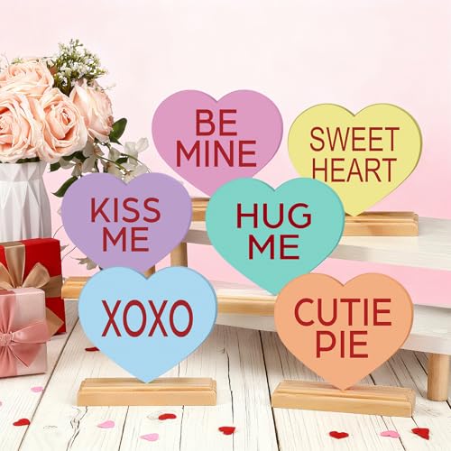 Yousoontic 6 Pcs Valentines Day Heart Wood Sign Love Heart Candy Tabletop Centerpiece Colorful Conversation Hearts Wooden Block Table Decorations for Wedding Party Office Tiered Tray Home Shelf Gift - Image 3