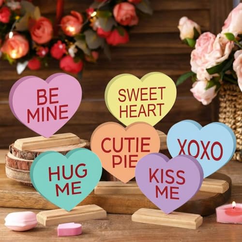 Yousoontic 6 Pcs Valentines Day Heart Wood Sign Love Heart Candy Tabletop Centerpiece Colorful Conversation Hearts Wooden Block Table Decorations for Wedding Party Office Tiered Tray Home Shelf Gift - Image 1