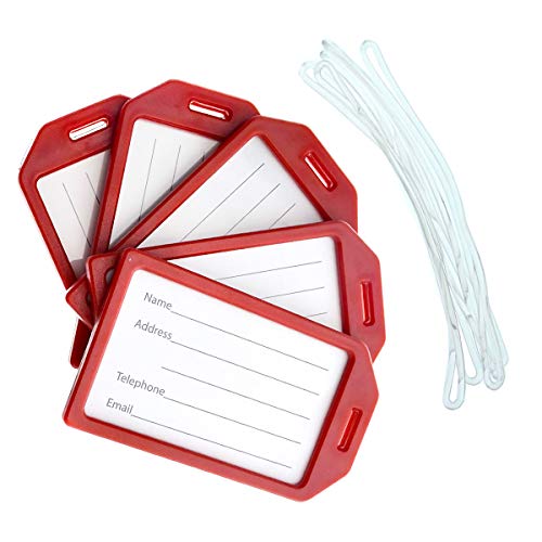 Specialist ID 5 Pack - Premium Rigid Airline Luggage Tag Holders with 6" Worm Loops - Heavy Duty Hard Plastic -Suitcase ID Tag Identifiers with Business Card Insert Window by Specialist ID (Red) - Image 1