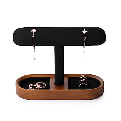 Oirlv Solid Wood Watch Stand Tbar Watch Holder Organizer for Men and Women Showcase Bracelet Bangle Jewelry Display Stand Rings Earrings Necklace StorageBlack - Image 3