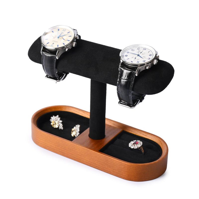 Oirlv Solid Wood Watch Stand Tbar Watch Holder Organizer for Men and Women Showcase Bracelet Bangle Jewelry Display Stand Rings Earrings Necklace StorageBlack - Image 2