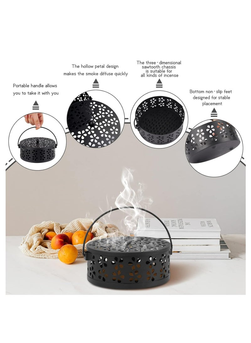 Loquat Retro Portable Iron Mosquito Coil Holder with Handle Round Fireproof Incense Holder for Home Office Camping (Black) - Image 4