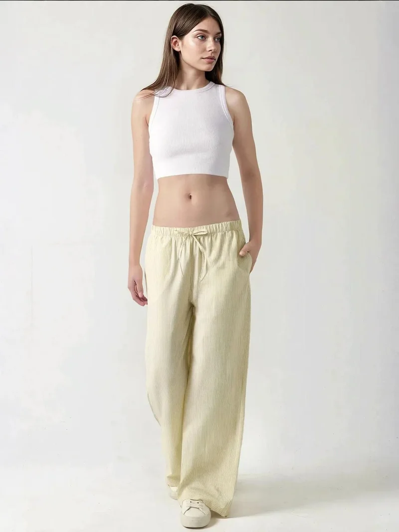 زوبعة بنطلون قطني مخطط بخصر مطاطي للاسترخاء