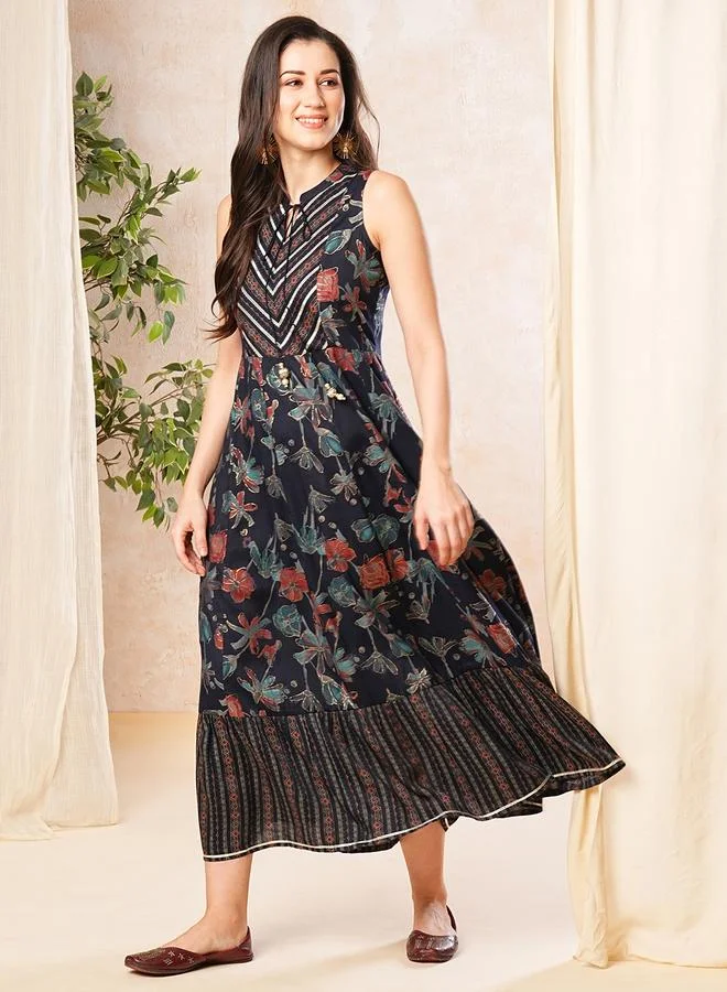 globus Globus Women Blue Floral Print Tie-Up Neck A-Line Midi Dress