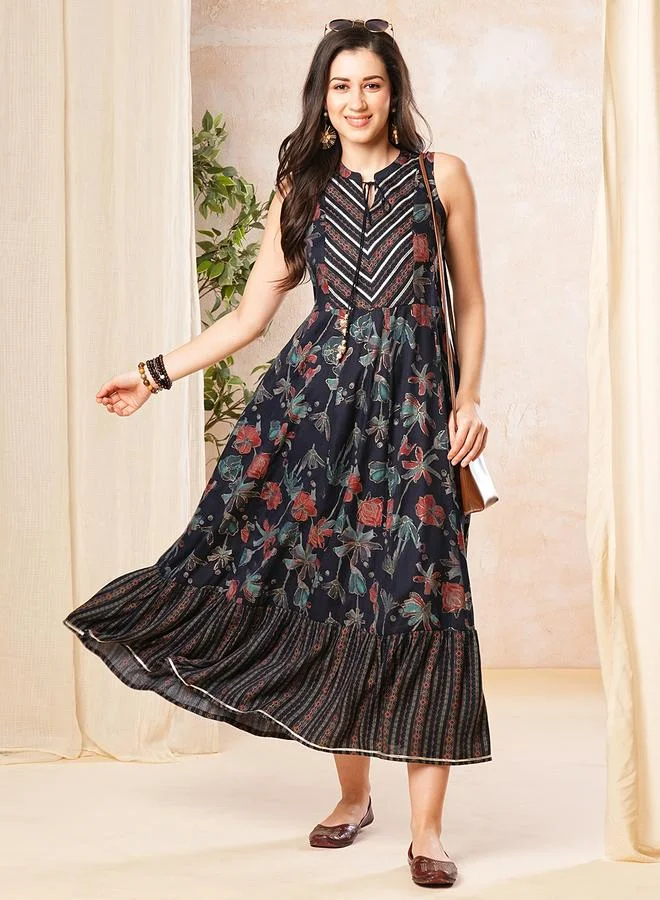 globus Globus Women Blue Floral Print Tie-Up Neck A-Line Midi Dress