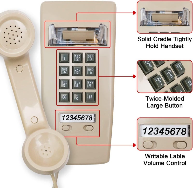 Sangyn Retro Wall Phones for Landline with Loud Mechanical Ringing Vintage Wall Mount Phone with Volume Adjustable Old Fashioned Corded Landline Telephone for Home School Hotel Office, Beige - Image 3