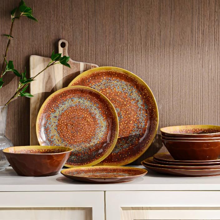 FINE&NICE Melamine Dinnerware Set of 12Pcs, Dish Set for 4, Lightweight Unbreakable Plate and Bowl Set for Patio, RV and Camping, Dishwasher Safe,Rusty Brown - Image 1