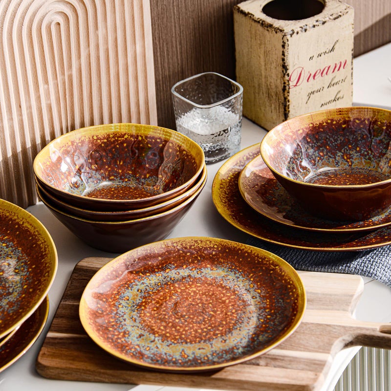 FINE&NICE Melamine Dinnerware Set of 12Pcs, Dish Set for 4, Lightweight Unbreakable Plate and Bowl Set for Patio, RV and Camping, Dishwasher Safe,Rusty Brown - Image 2