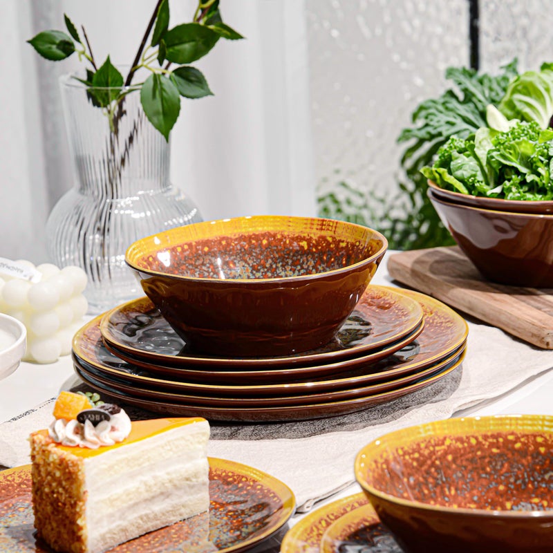 FINE&NICE Melamine Dinnerware Set of 12Pcs, Dish Set for 4, Lightweight Unbreakable Plate and Bowl Set for Patio, RV and Camping, Dishwasher Safe,Rusty Brown - Image 4