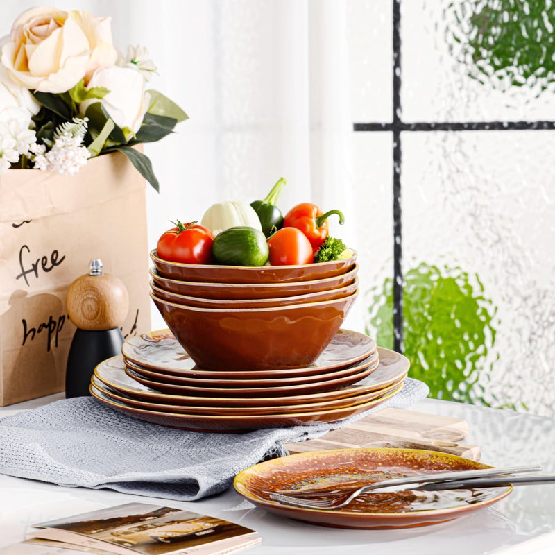 FINE&NICE Melamine Dinnerware Set of 12Pcs, Dish Set for 4, Lightweight Unbreakable Plate and Bowl Set for Patio, RV and Camping, Dishwasher Safe,Rusty Brown - Image 3